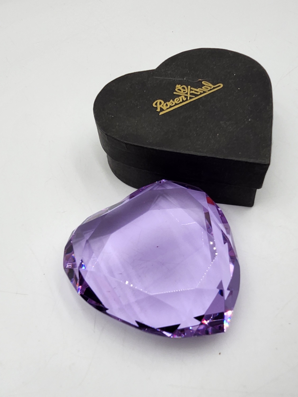 Vintage Rosenthal Crystal heart shaped purple art glass paperweight Faceted box